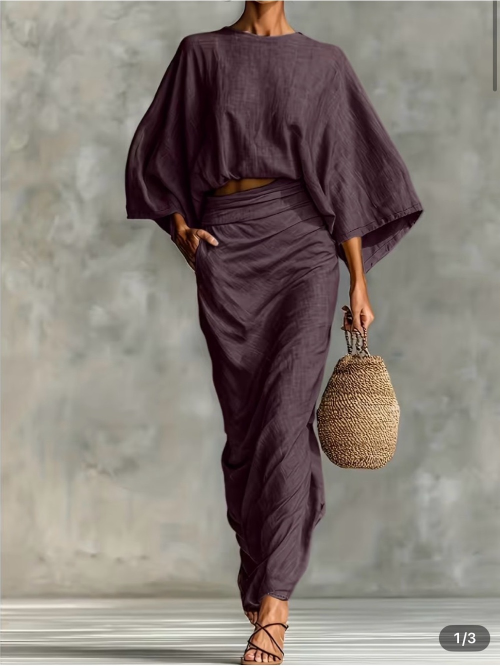 Relaxed High-Waist Midi Skirt and Top Set in Plum